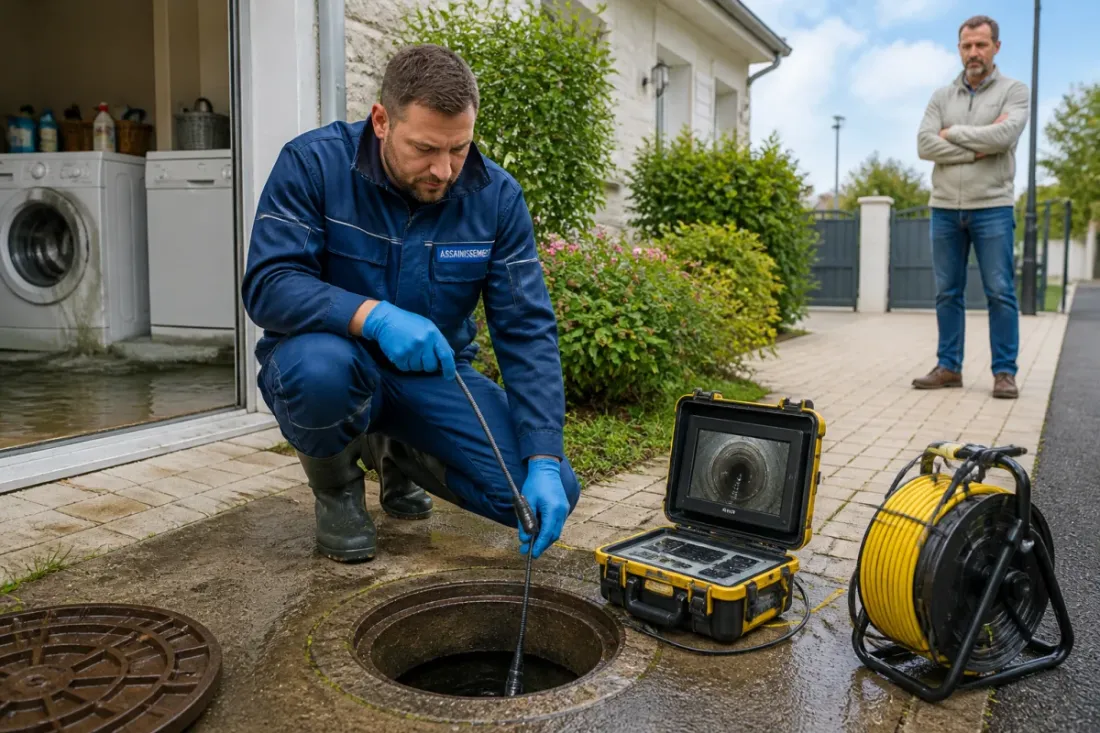 Technicien inspectant une canalisation avec caméra près d’un regard ouvert devant une maison